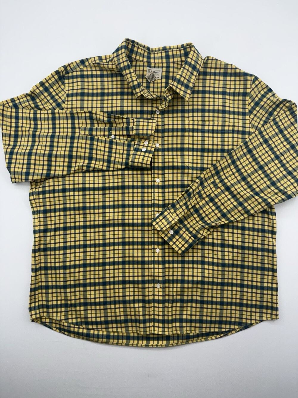LL Bean Plaid Flannel Slightly Fitted Button Up Shirt Yellow Blue 2XLT, XXL Reg